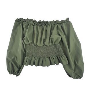 SHEIN Blouse 3XL Off The Shoulder Olive Green Corset Back Smocked Ruffled Top